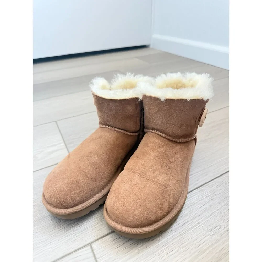 UGG Women's Mini Bailey Button II Chestnut Suede Shearling Boots